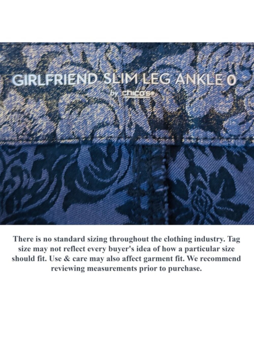 Chicos Girlfriend Slim Leg Ankle Jean Blue Floral Shimmer Stretch Size 0 | S | 4 - Picture 9 of 14